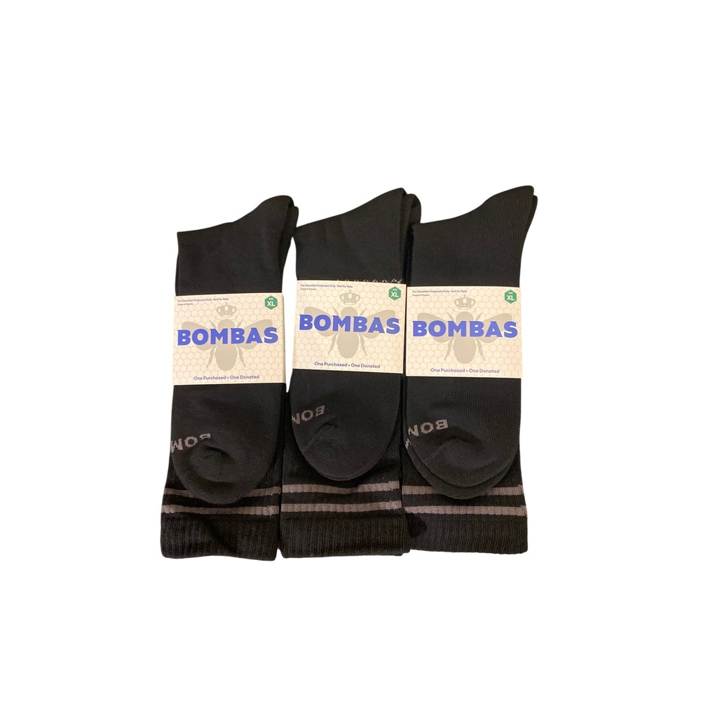 Bombas Mens Crew Socks 3 Pairs Black Grey Striped Honeycomb Arch Support XL NEW - Picture 1 of 4